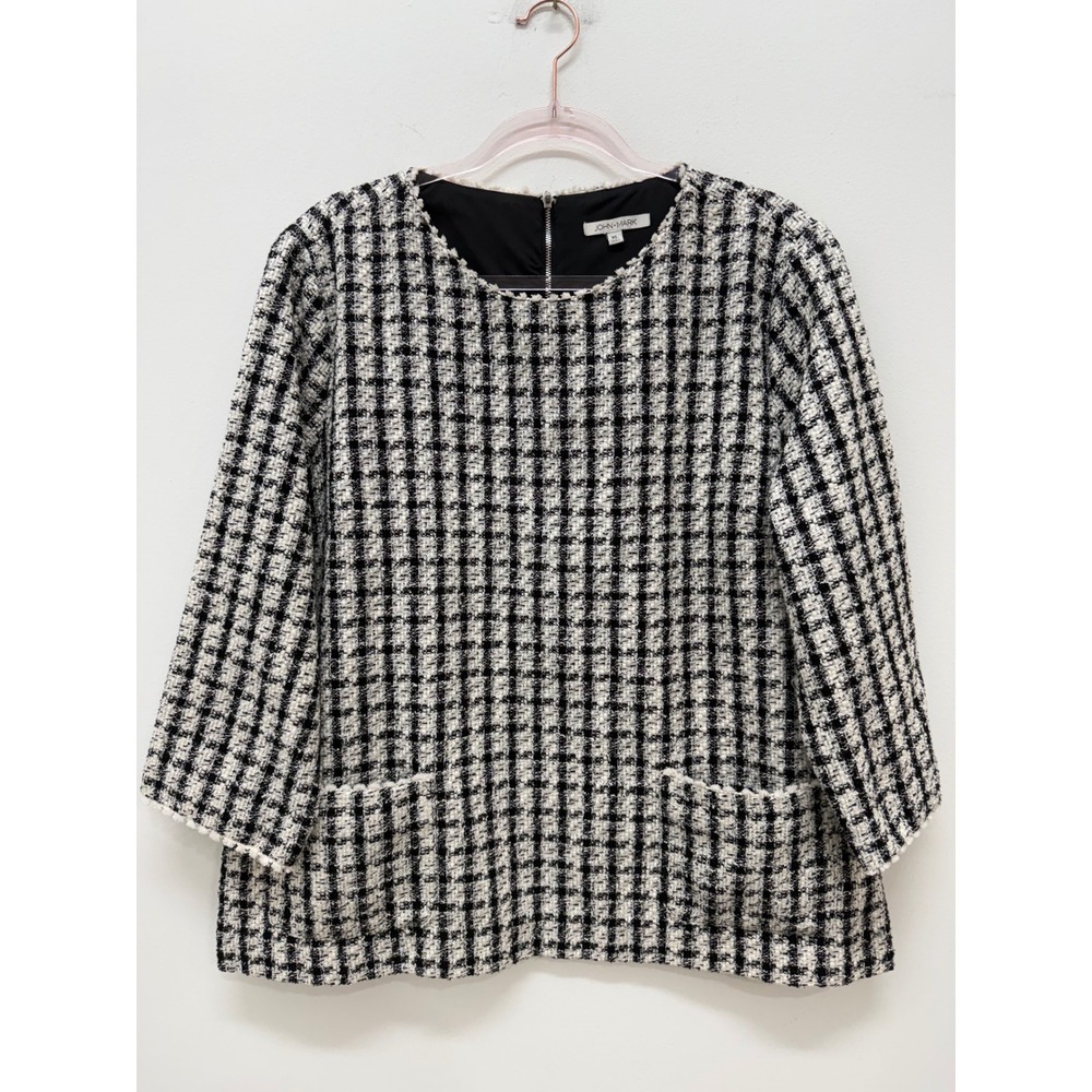 John Mark Tweed Top XL Black White Plaid 3/4 Sleeve Fringe Trim Back Zip